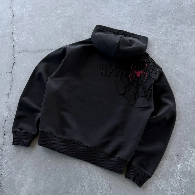 Sudadera con Capucha Y2K con Diseño de Telaraña, Sudadera Gótica con Bordado de Araña, Estilo Urbano, para Hombre y Mujer, Talla Grande, Estética Oscura Harajuku
