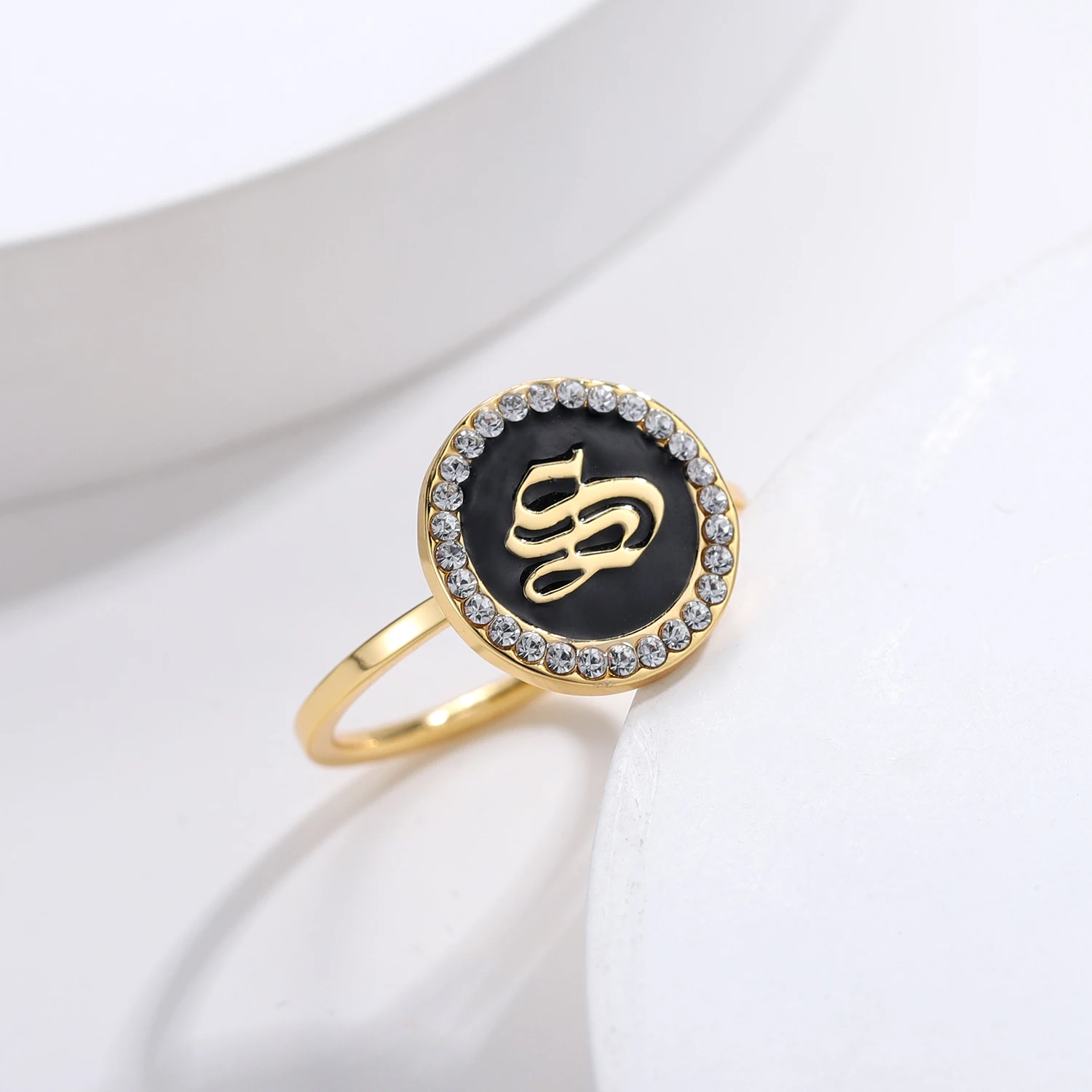 Vintage Style Custom Smear Letter Enamel Ring Stainless Steel Personalized Bezel Dot Diamond Jewelry Anniversary Gift For Her