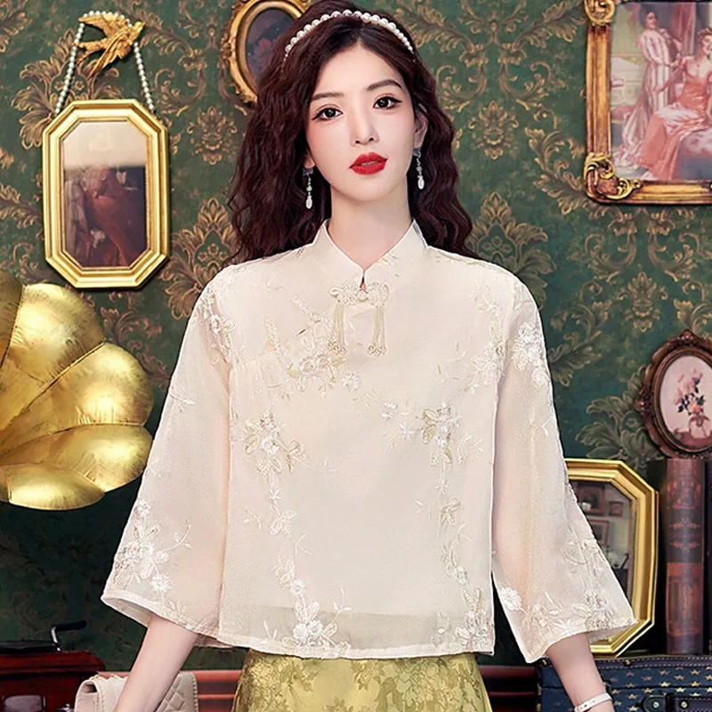 Moda w stylu chińskim haft w kwiaty morelowa bluzka bluza bluza bluza bluza bluza bluza bluza Mujer De Moda 2024 Verano kobiety Blusa Blusa H551