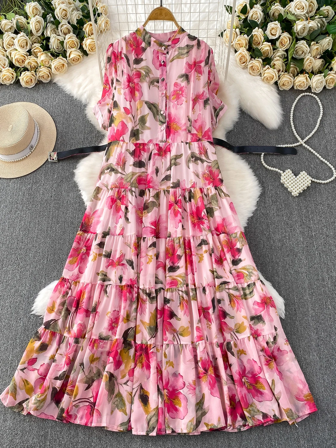 Vaion Print round Ne Long Dr Women's Autumn Belted Waist Slimming Skirt Hem Bell Sve A-Line Midi Dr