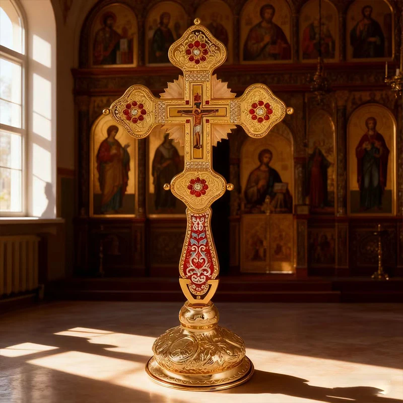 Vergoldetes Orthodoxes Standkreuz mit Emaille- und Kristalleinlage und Kruzifix-Ikone, Hochwertiges Kirchenaltar-Kreuz für Liturgie und spirituelle Zwecke – Detail 17