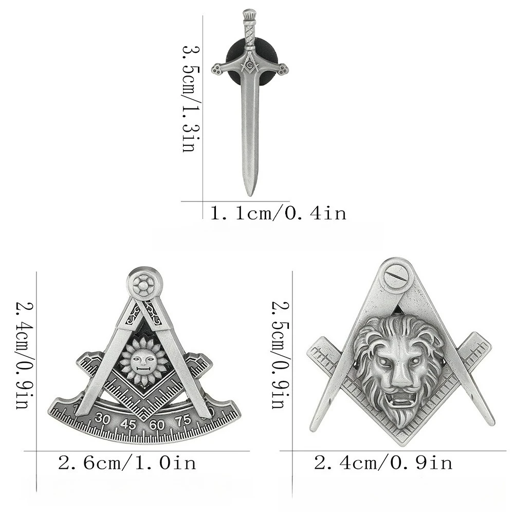 Silvery-grey Masonic Emblem Freemasonry Pin Lion Sword Skeleton Punk Metal Brooch Suit Jacket and Coat Pins