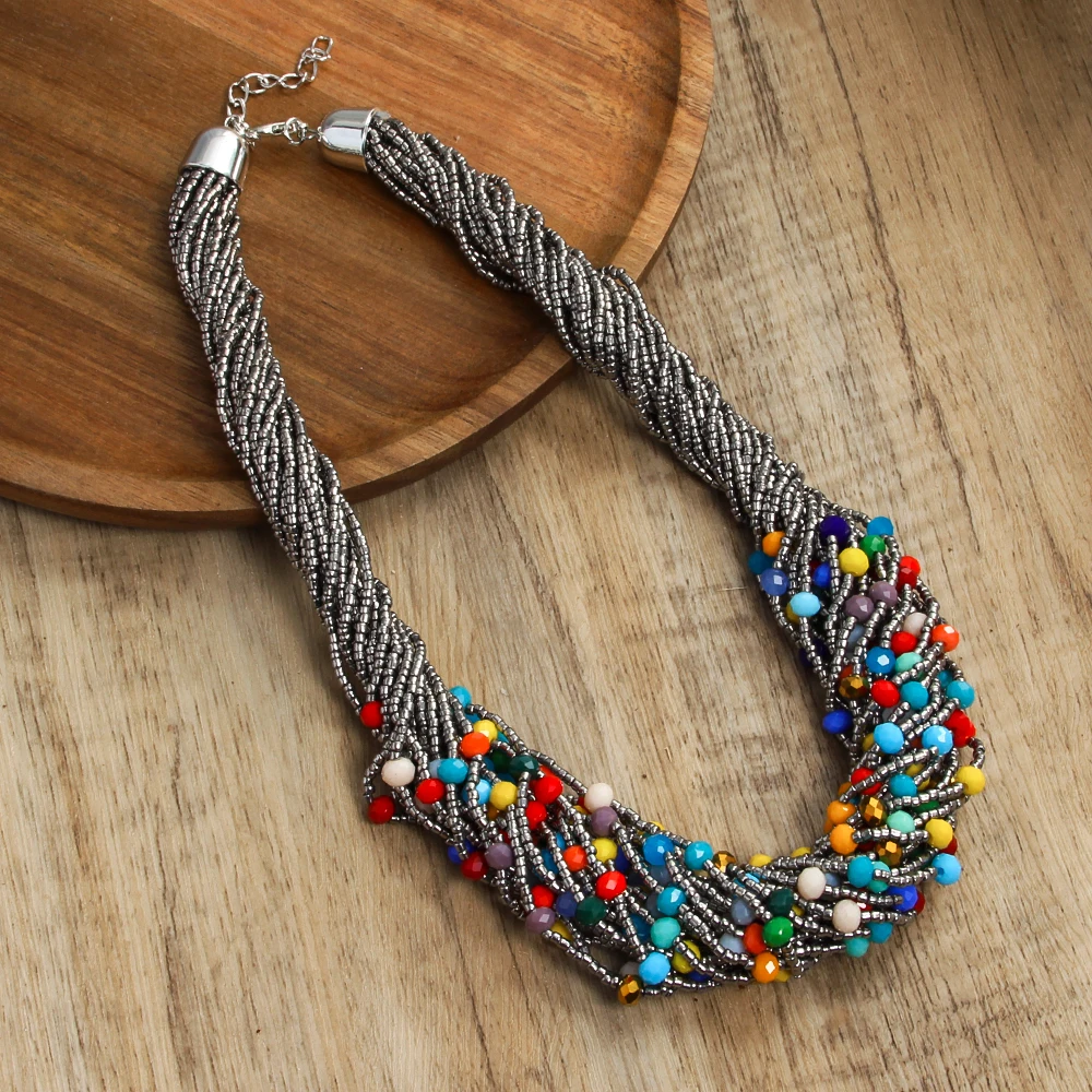 Fashion Bohemian Ethnic Style Exaggerated Women Jewelry  Multilayer Rice Beads 6mm Colored Glass Beaded Necklace Handmade Choker