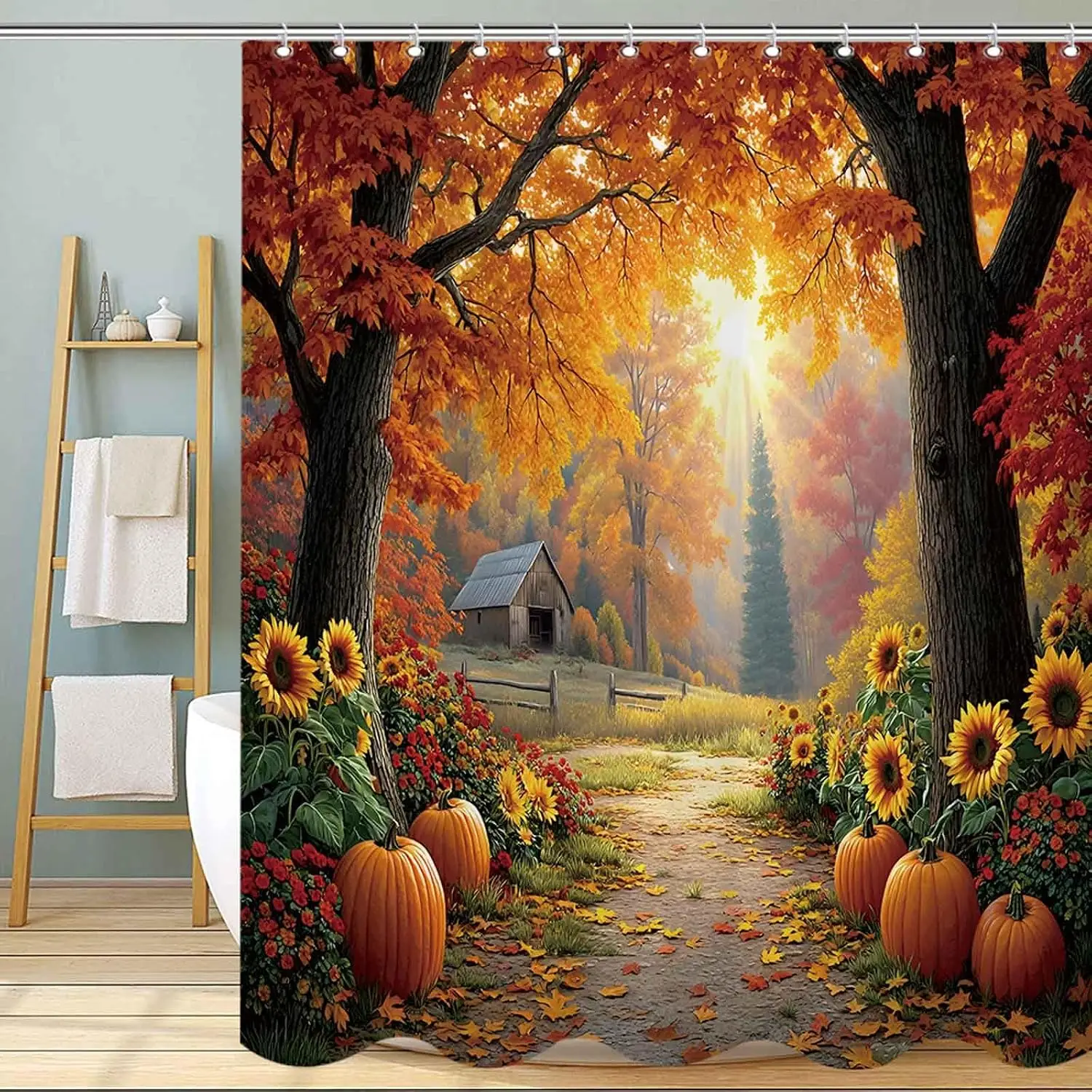 Realistic Rustic Autumn Fall Foliage Waterproof Shower Curtain Bathroom Decor Pumpkin Harvest Leaves Seasonal Accent Home Art Cu