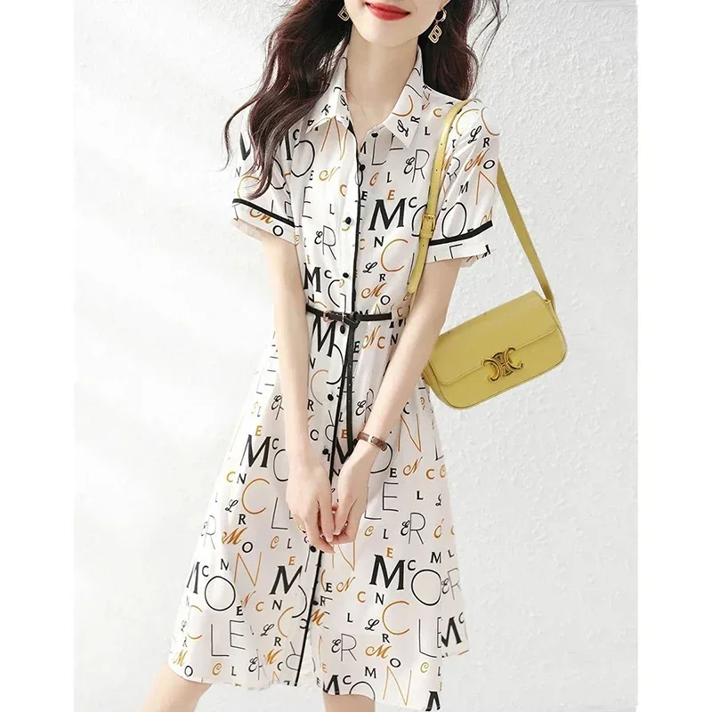 

Elegant Lapel Button Sashes Printed Letter Shirt Dress Women's Clothing 2024 New Loose Office Lady Short Sleeve Dress CY436