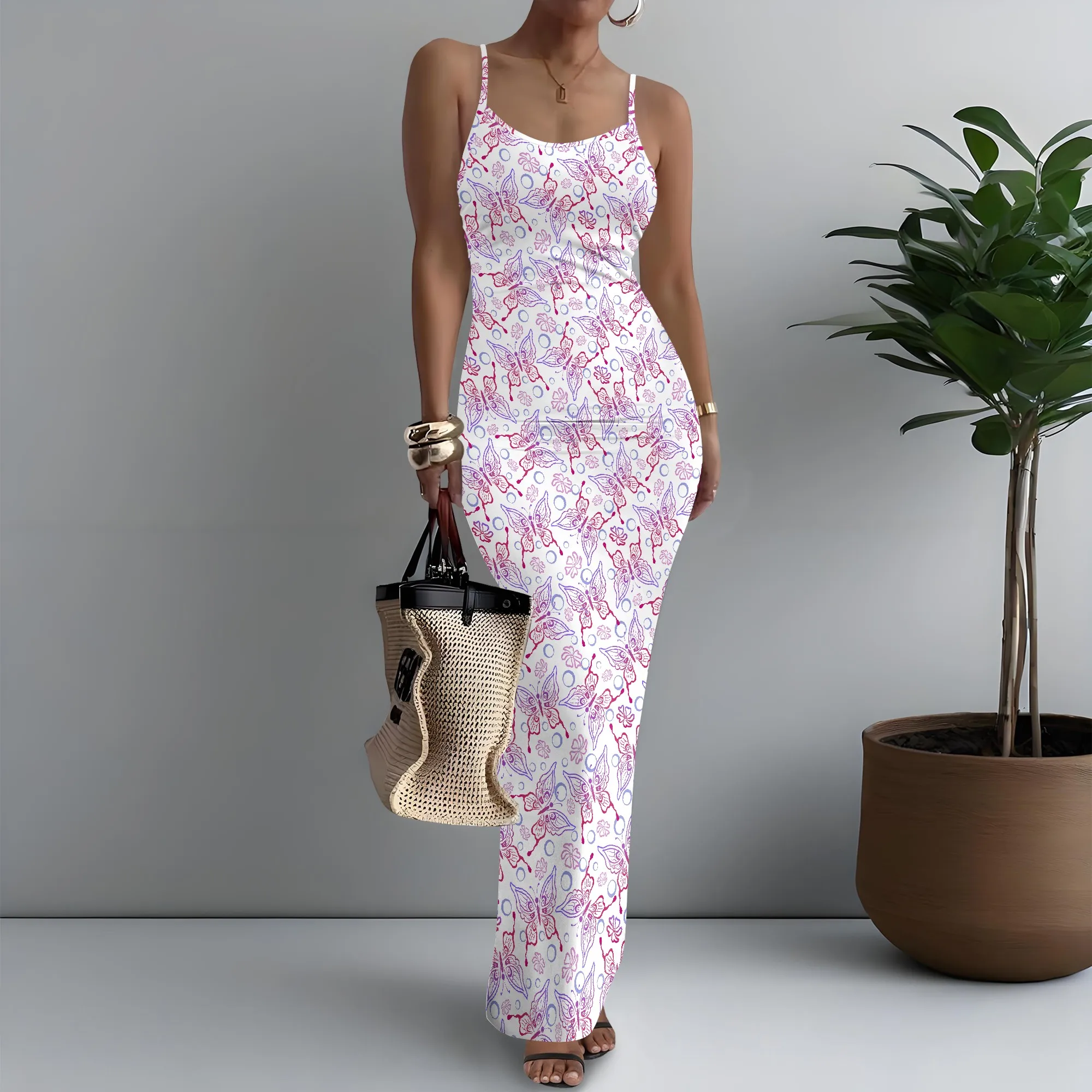 

Women's Spaghetti Strap Maxi Dress Ethereal Butterfly Print Airy XS-3XL