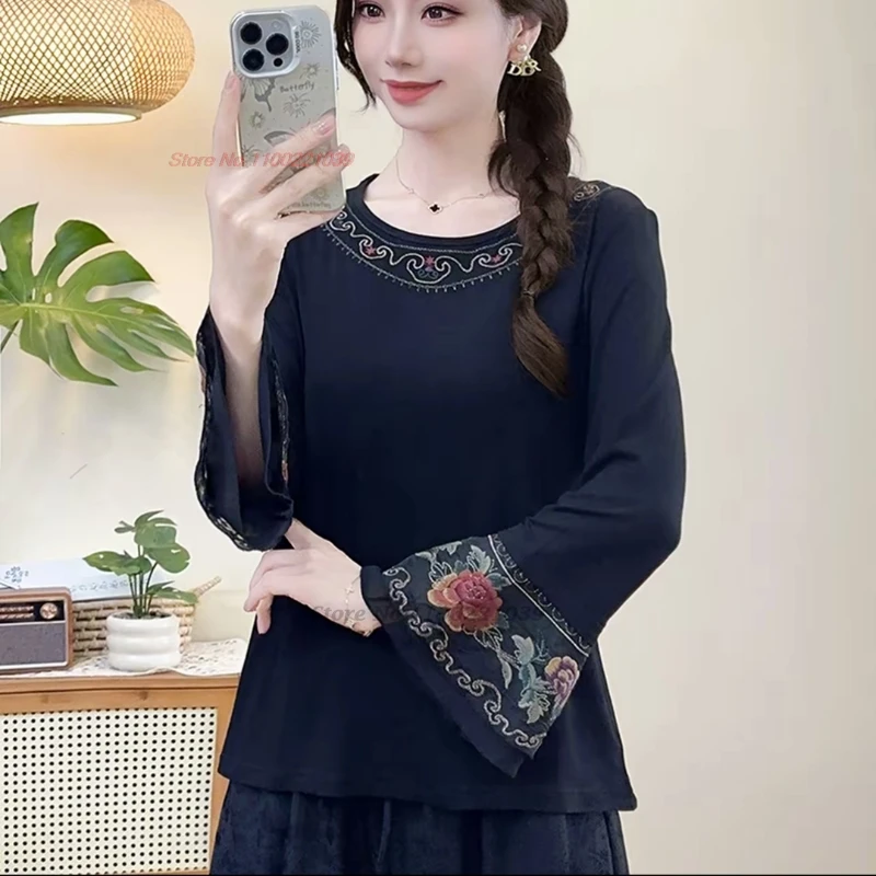 

2025 chinese vintage shirt national flower embroidery o-neck folk shirt oriental traditional t-shirt ethnic retro base shirt