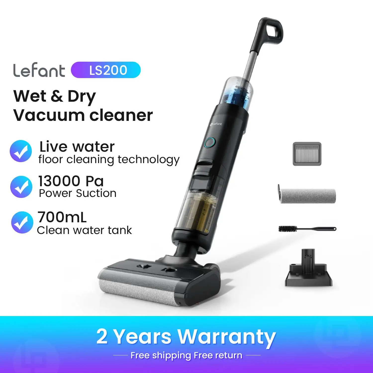 Lefant LS200 Aspirateur sans fil pour nettoyage à sec et humide, nettoyage des bords, puissance d'aspiration de 13 000 Pa, lave-sol, appareil électroménager intelligent autonettoyant