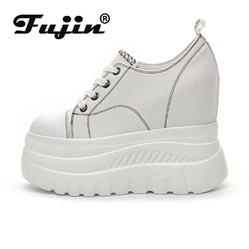 

Fujin 12cm Genuine Leather Synthetic Chimney Fashion Spring Chunky Sneaker Denim Women Breathable Platform Hidden Heels Shoes