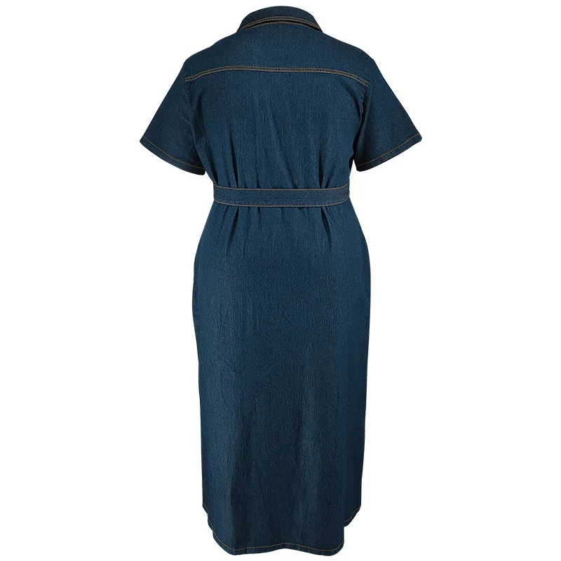 2024 Summer Turn-down Collar Plus Size Shirt Denim Dress Women Short Sleeve Large Midi Jean Dress Lady Button Lace-up Long Dress