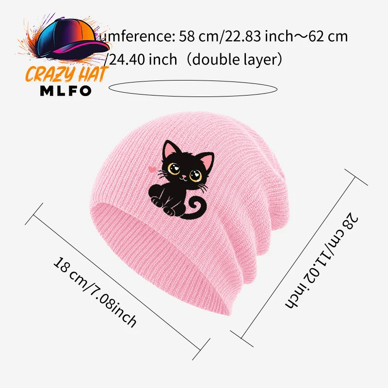 Sweet Adult Slouchy Knit Beanie, Cute Black Kitten Cat Print, for Cat Lover Gift Pet Party Casual Weekend Meetup
