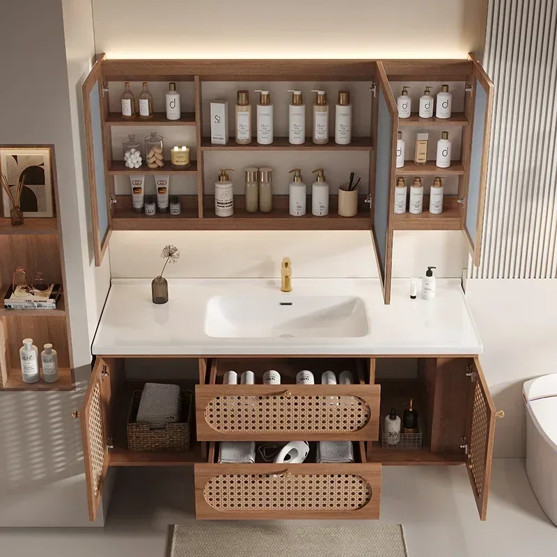 Muebles de Baño de Madera Maciza Tejida con Enredaderas, con Lavabo de Cerámica, Mueble de Baño con Lavabo, Muebles de Baño