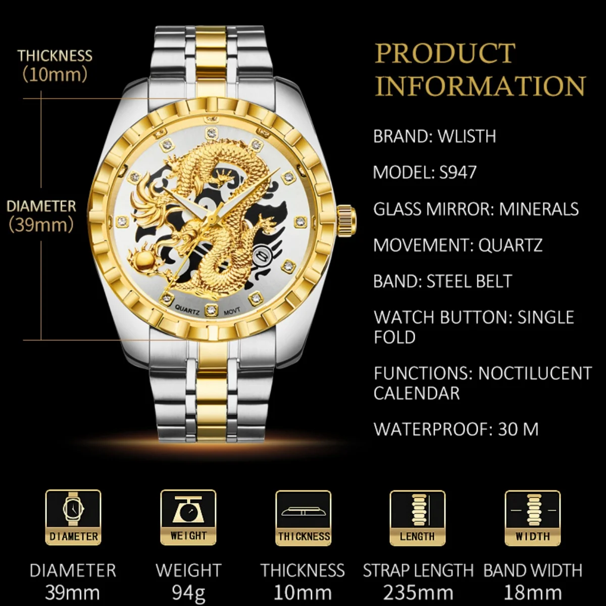 Gold Dragon Long WLISTH Business Men Analog Quartz Watch Fashion Stainless Steel Date Display Luminous Wristwatches Gift Box