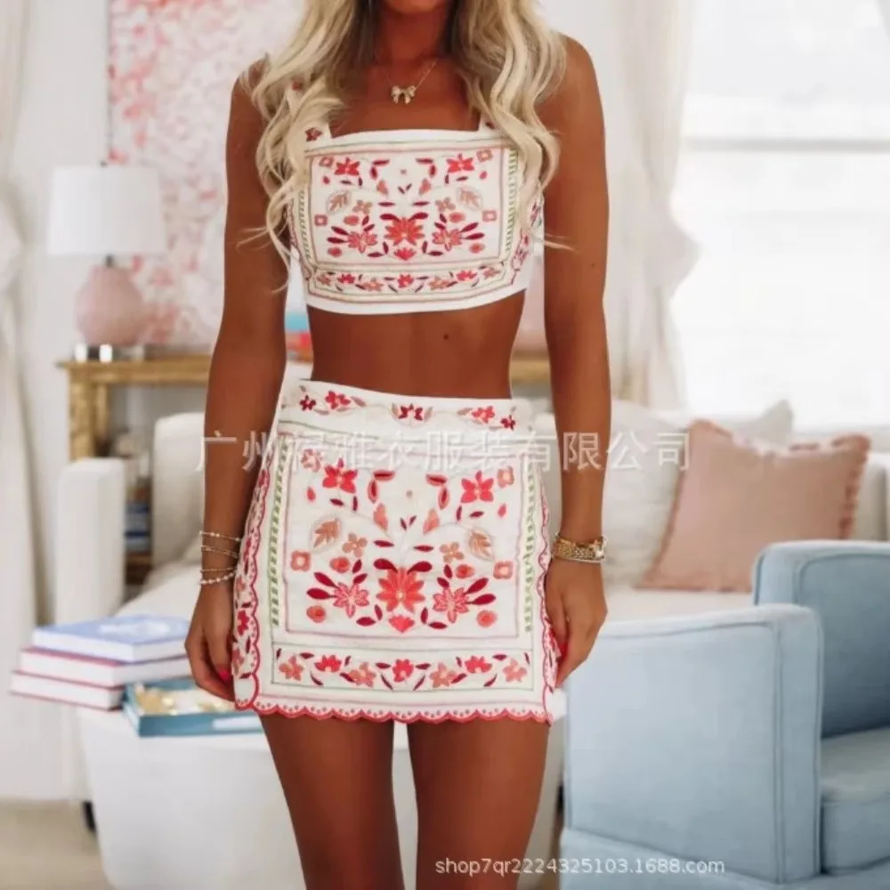 Women New Summer Linen 2 Piece Set Bohemian Print Loose Fit Flowy Soft Breathable Casual Daily Outfit