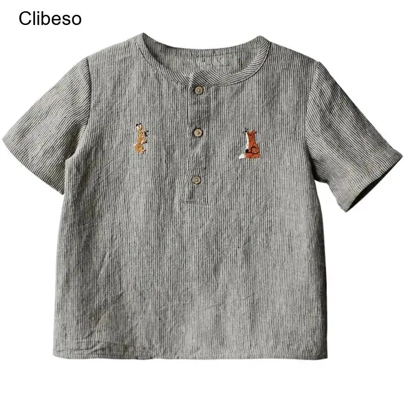 2024 Clibeso Summer New Children\'s Loose Cotton Linen Top Boys\' Solid Color Shirt Long Sleeve Embroidered Animals Kids Clothes