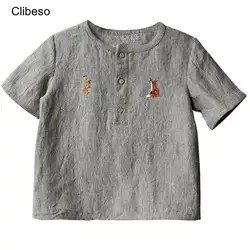 2024 Clibeso Summer New Children's Loose Cotton Linen Top Boys' Solid Color Shirt Long Sleeve Embroidered Animals Kids Clothes