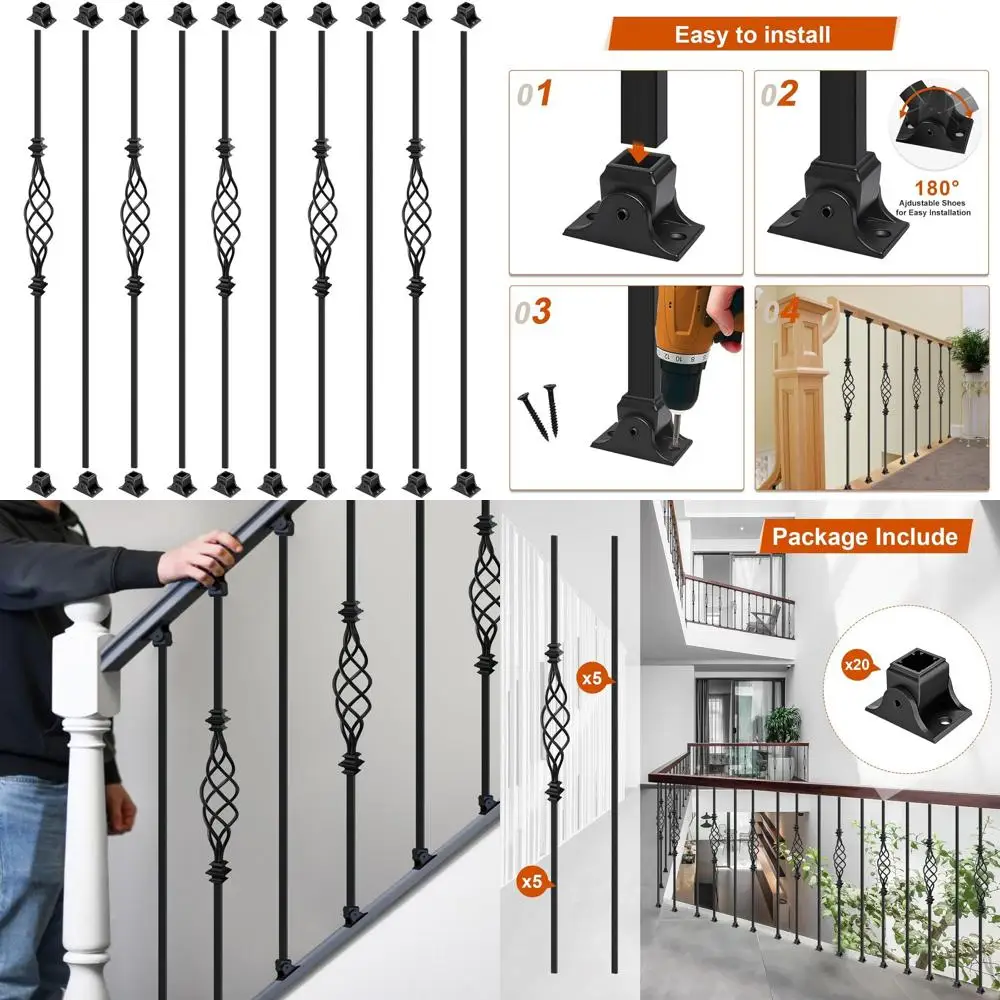 Set 10 Baluster Besi, 44 Railing Tangga dengan 20 Spindle, Interior Hitam Satin