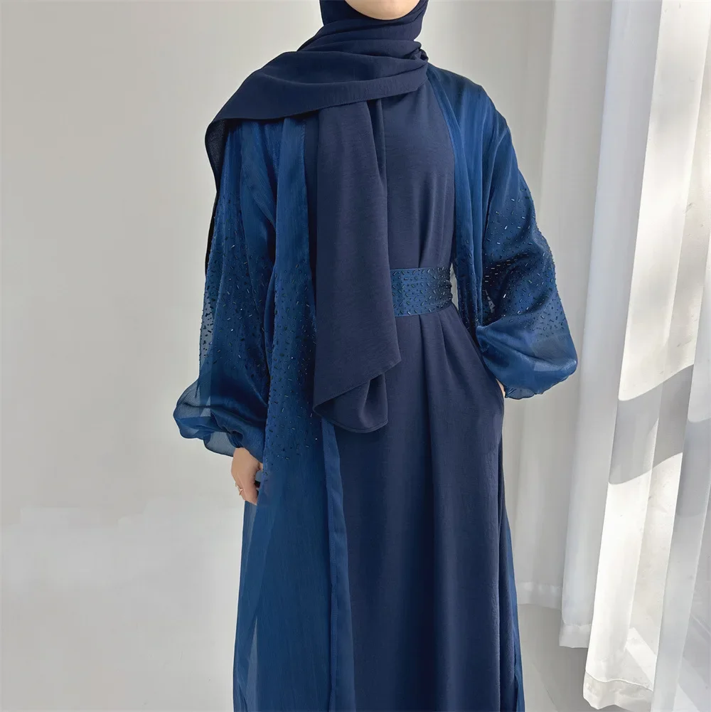 Solid Color Puffy Sleeves Arabic Dress for Women Moroccan Dubai Abaya Cardigan Loose Ramadan Muslim Femme Robe Evening Dresses