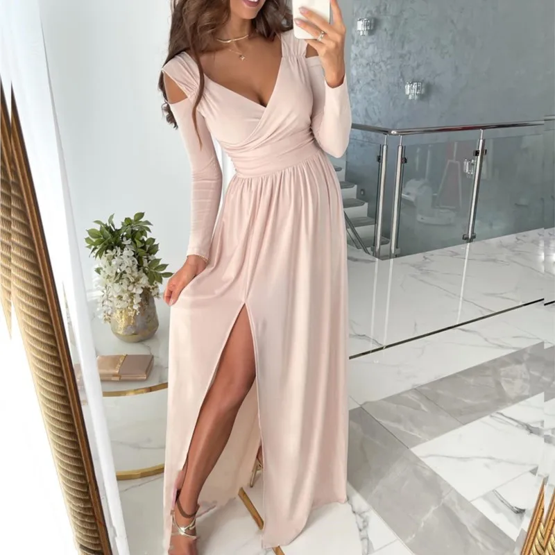 

New Autumn Winter Long Sleeved V-neck Dress Women's Fashion Solid Bottom Side Slit Irregular Elegant Female Dress Street Style