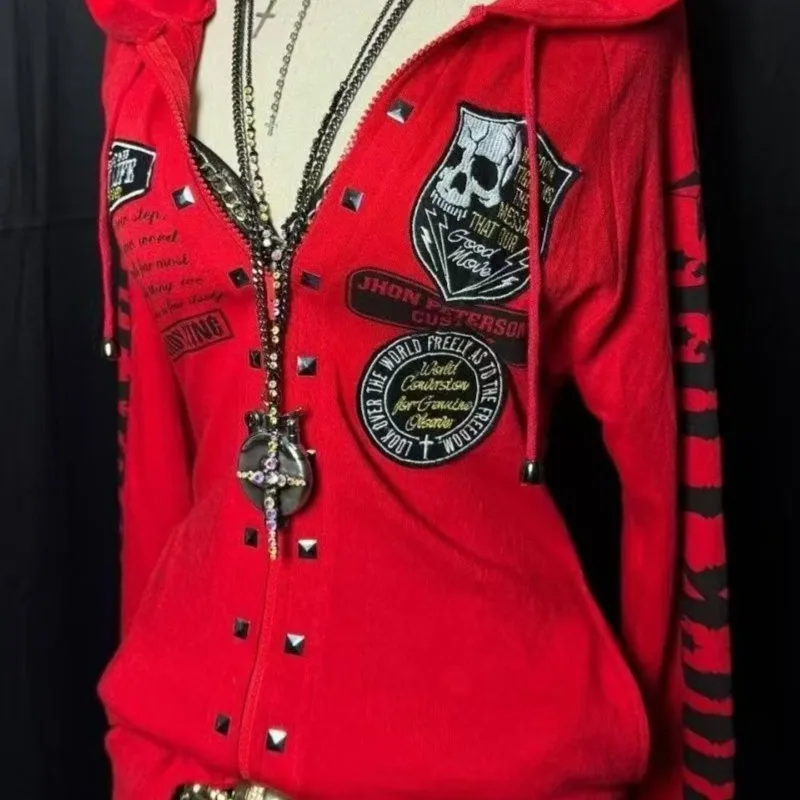 Herbst Frühling Damen Herren Oberteile Jacken Sweatshirts Hoodies Totenkopf-Print Subkultur Nieten Reißverschlüsse Minimalistisch Lässig Modisch
