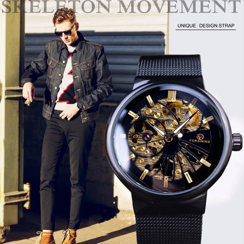 Fashion Forsining Official Brand Casual Business Style Full Hollow Men Handwind Mechanical Watch Mesh Mesh Steel Strap Luminous