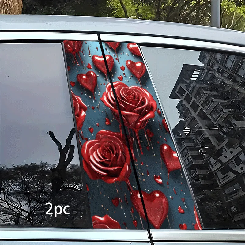 

2PC waterproof, car middle column sticker, red rose and heart-shaped decoration adorned on dark background, easy to tear and sti