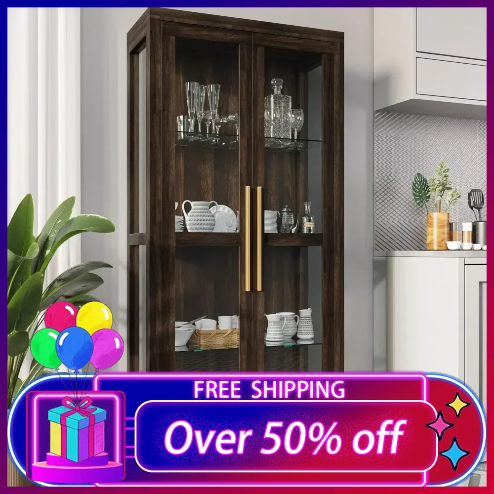 Storage Cabinet, Tall Bookshelf or Display Cabinet for Living Room Bedroom,Curio Cabinet with Tempered Glass Doors,(Dark Walnut)