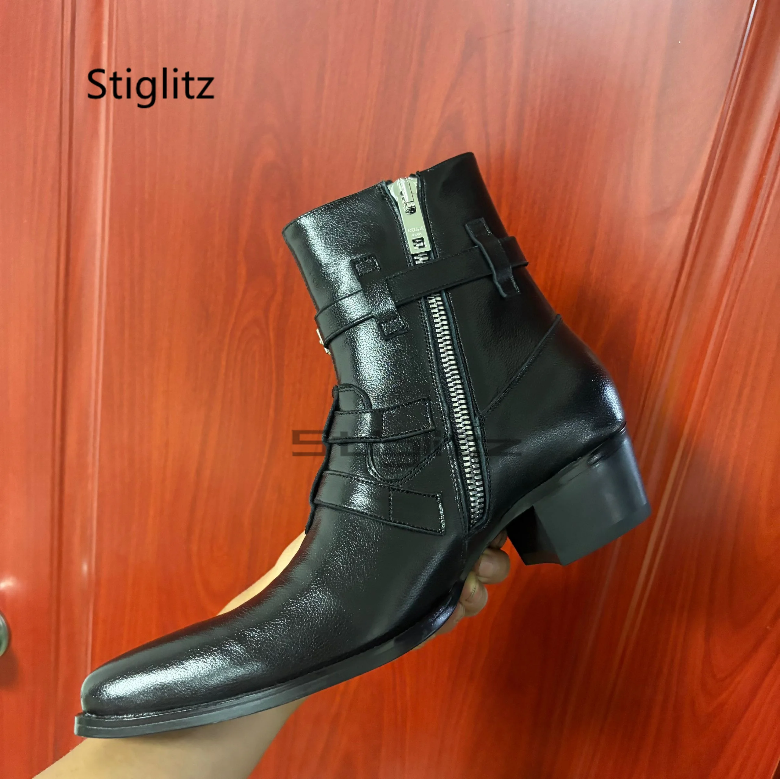 

Belt Buckle Genuine Leather Chelsea Boots for Men High Heels Pointed Toe Side Zip Ankle Western Boots Business Dress Shoes