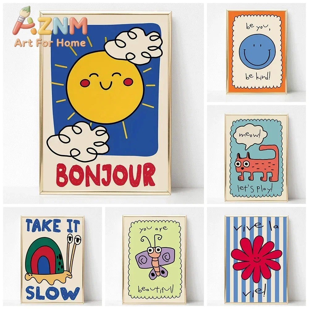 AZNM Cute Cartoon Sun Cat Snail Canvas Wall Art, Funny Quote Print, Kids Playroom Bedroom Wall Hanging Decor Poster