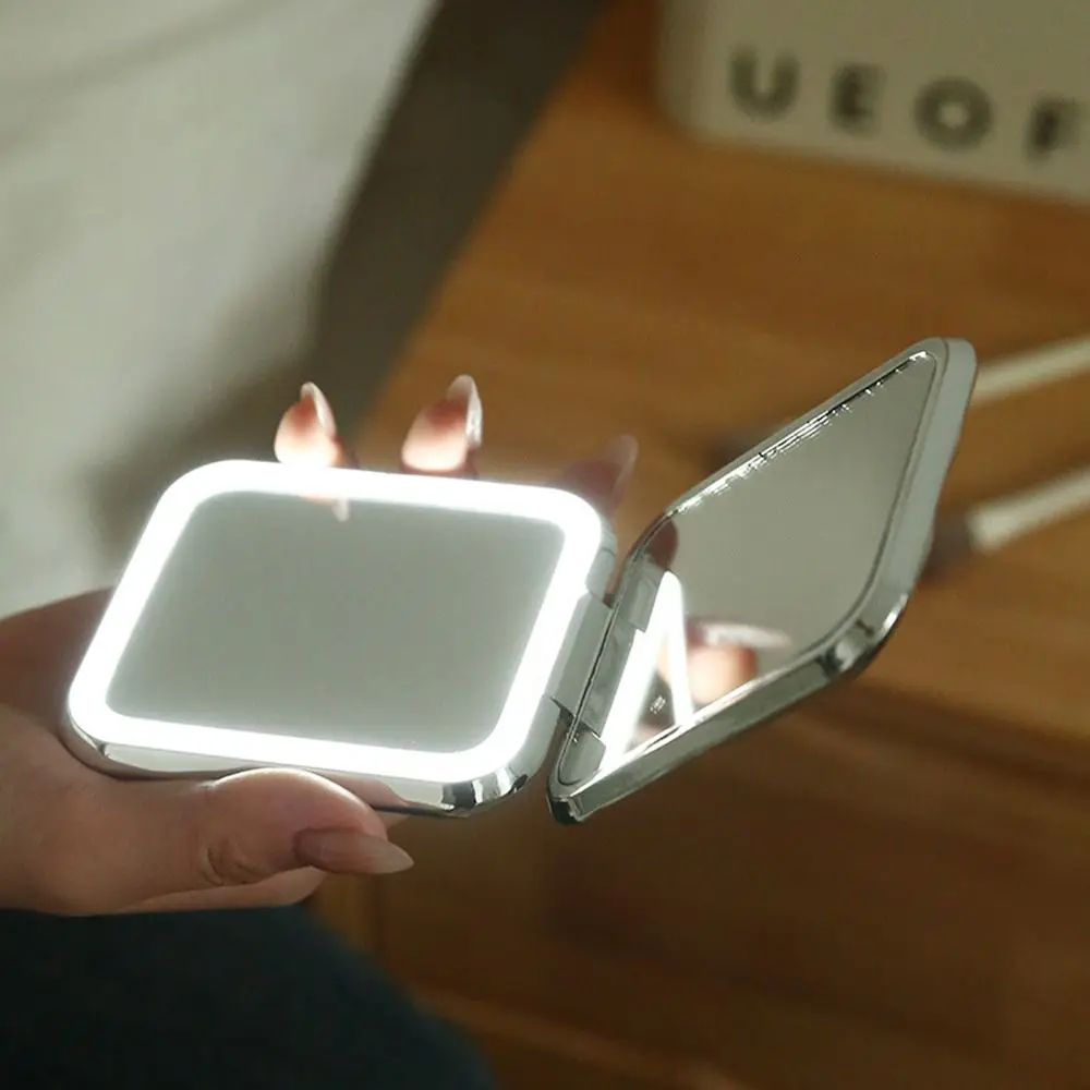 Gift Double Sided LED Makeup Mirror Plating Dimmable Travel Cosmetic Mirrors Mini Hand-held Pocket Mirror with Light Dormitory