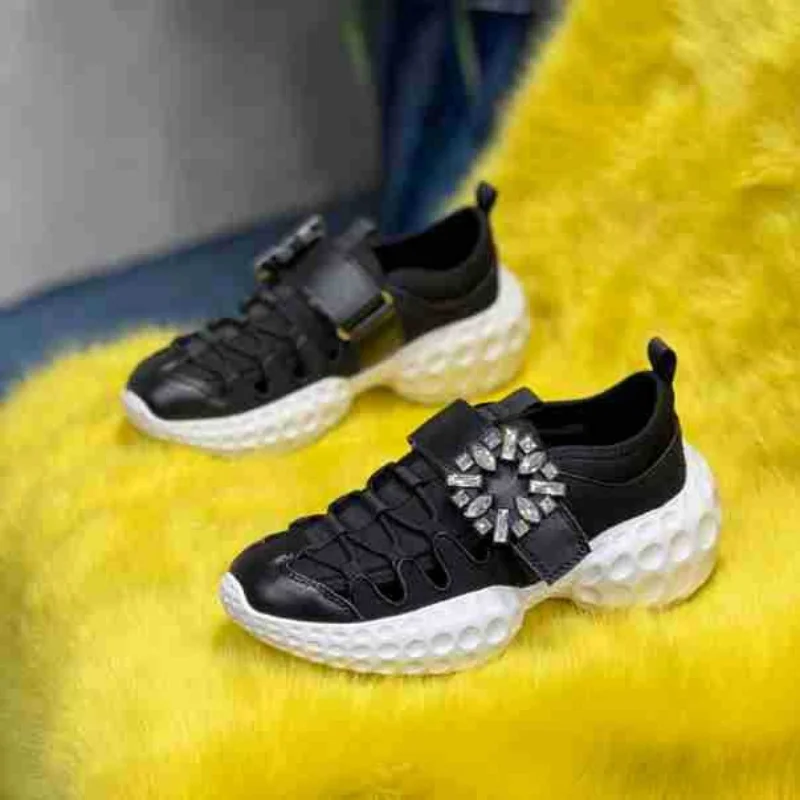 

Breathable Thick-soled Casual Shoes Comfortable Flat Heightening Mesh Velcro Buckle Non-slip Sports Shoes Rhinestone Women Shoes