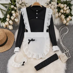 Long Sleeved Slim Hollow Jumpsuit With Strap Apron Metal Buckle Bow Ruffle Sweet Sexy Women's Pajama Set Maid Cosplay Lingerie