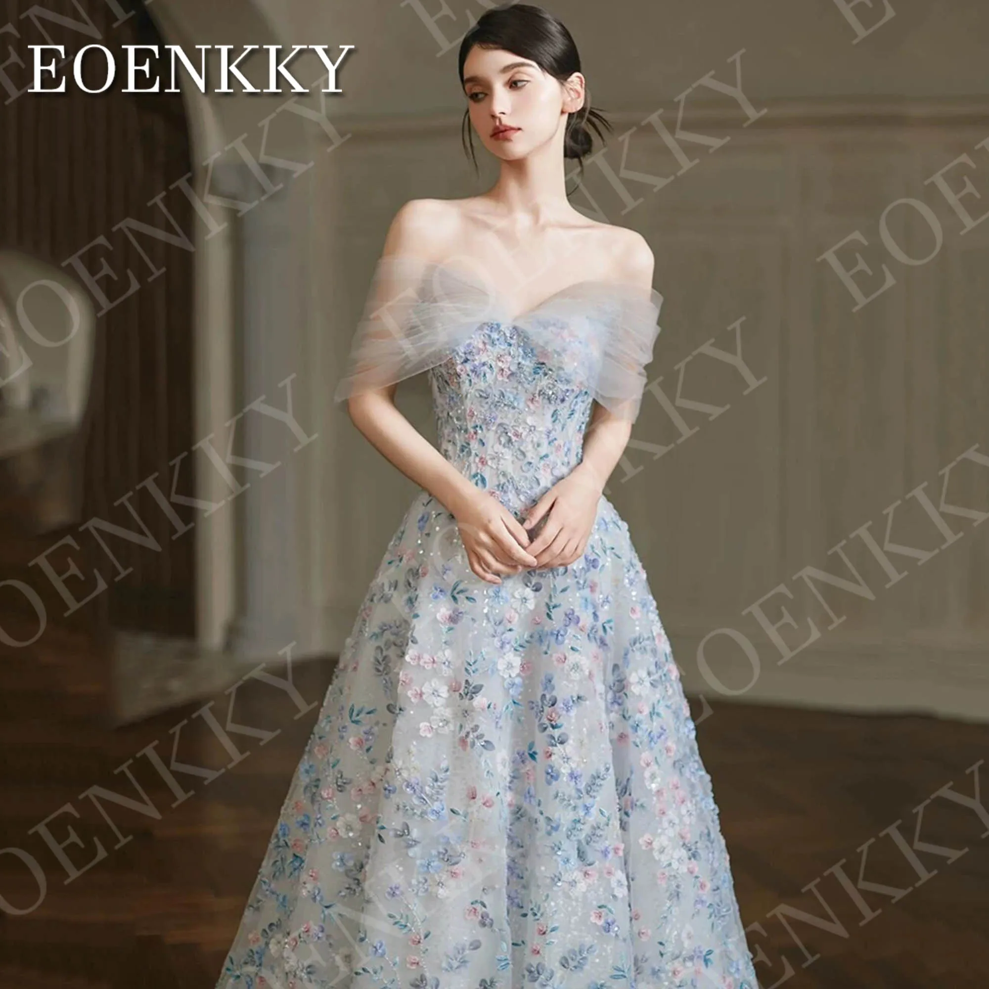 فستان EOENKKY بدون حمالات للحفلات الراقصة منقوش عليه زهور فاخر أنيق بدون أكتاف على شكل حرف A من التل للحفلات المسائية مخصص فساتين حفلة موسيقية Strapless الزهور فستان حفل الرقص فاخرة أنيقة قبالة الكتف خط Tulle فستان حفل #3