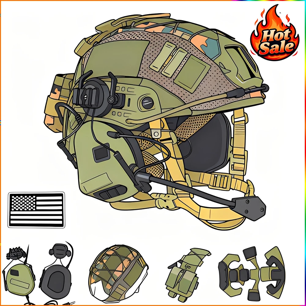 

Military combat suit Tactical Helmet with Headset 4in1 Upgraded Adjustable with Helmet Cover for Airsoft Cosplay Military Gear