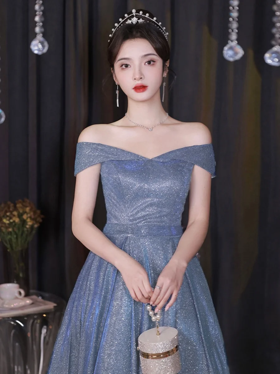

iny Evening Gown 2025 New One-oulder Luxury Slim-Fit High-End Host Cus-Made Wedding Dr Ele Mid-Waist Polyest...