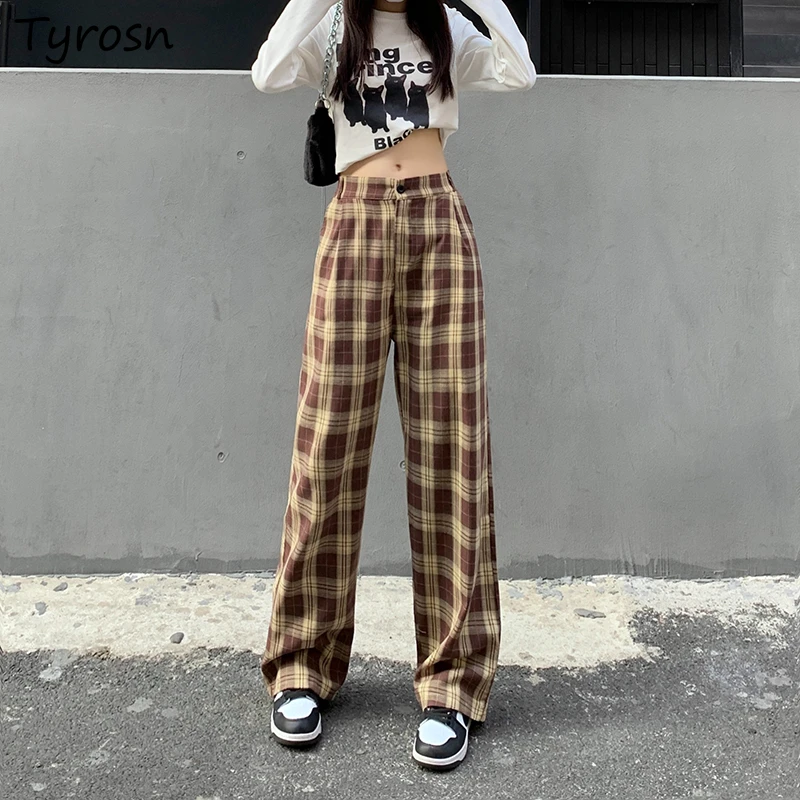 

Plaid Pants Women Loose Floor Length Straight Empire Autumn Winter Vintage Leisure All-match Daily Preppy Chic Attractive Female