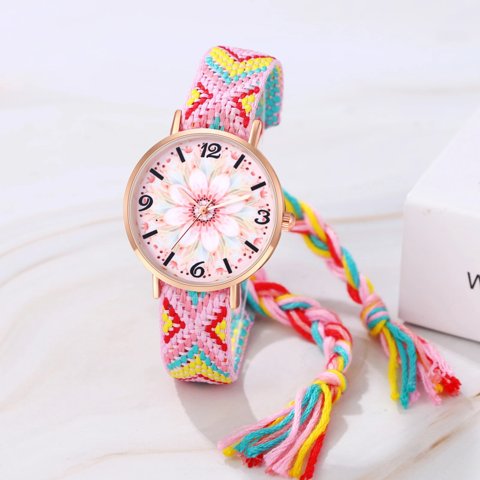 Lancarro Bohemian Ladies bracciale Watch Woven Rainbow Strap Floral Print Dial Analog Quartz Watch Girl Gift