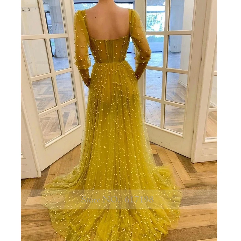 Sweetheart Neckline Hang Up Long Sleeves Yellow Prom Dress with Pocket See Through Pearls Evening Dress