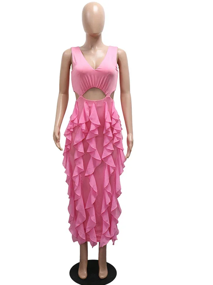Elegante decote em v profundo babados em camadas vestidos de festa longos para mulheres bonito rosa ruched noite fora vestidos outfits clubwear