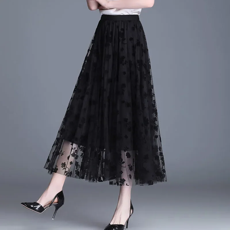 

Gidyq Women Tulle Skirt Korean Fashion Elegant Hook Flower Midi Skirt Ladies Summer Casual Loose All Match Skirt Female New