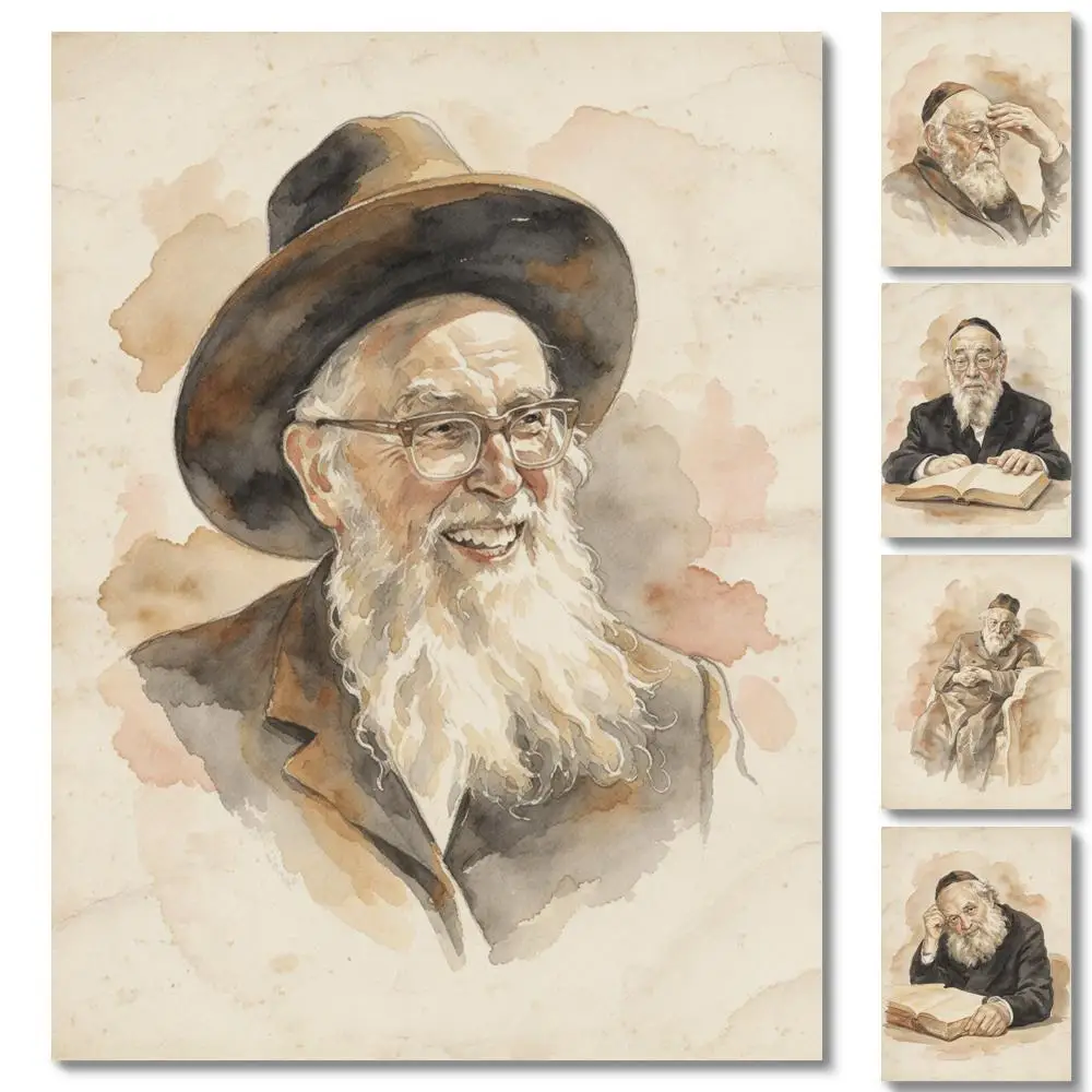 Large Judaica Canvas Prints Rav Yosef Shalom Elyashiv Portrait Watercolor Style Haredi Torah Scholar Wall Art Jewish Home Decor