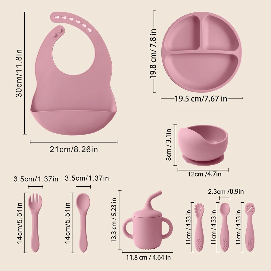 실리콘 아기 식기 세트, 휴대용 시피 컵, 퓨어 컬러 스푼 포크, 미니 기구, 방수 턱받이 흡착식판 그릇, 9 개