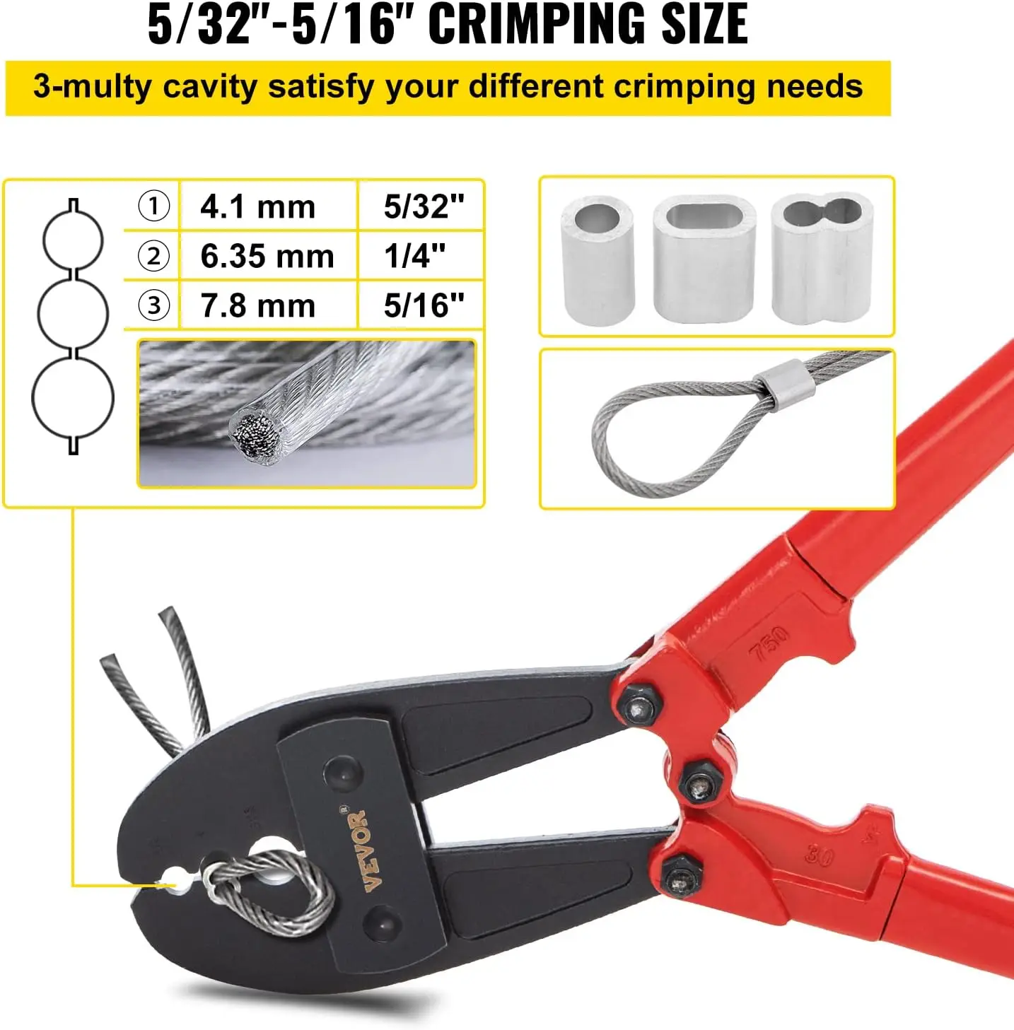 Strumento di pressatura manuale da 30 pollici per fune metallica 5/32, 1/4, 5/16 e manicotti ovali in alluminio rame