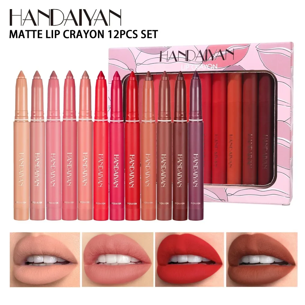 HANDAIYAN 12 Kleuren/Doos Fadeless Non Sticking Cup Matte Lippenstift Pen Lip Draaibare Lipliner met Puntenslijper Vrouwen cosmetica