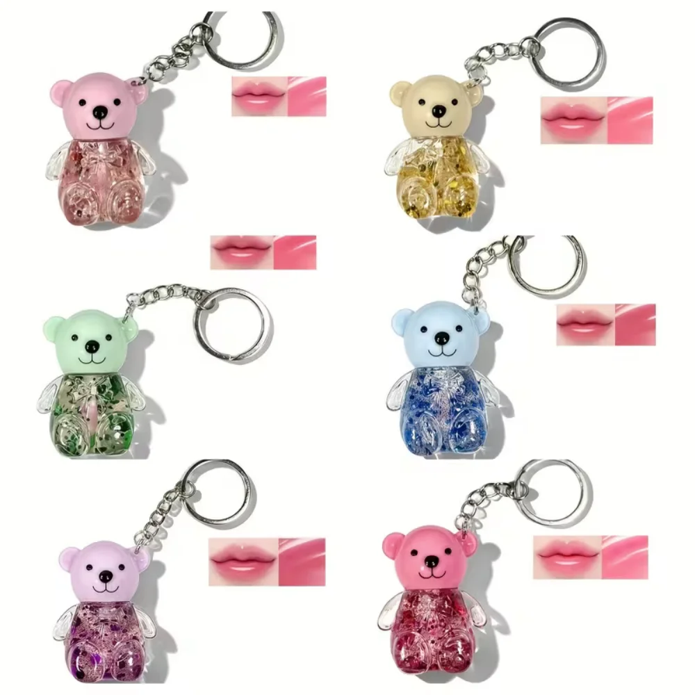 Juego de brillo de labios lindo oso y conejito, brillo de labios teñido con aceite de labios brillante con llavero, lápiz labial brillante, maquillaje para niñas, 4 Uds.
