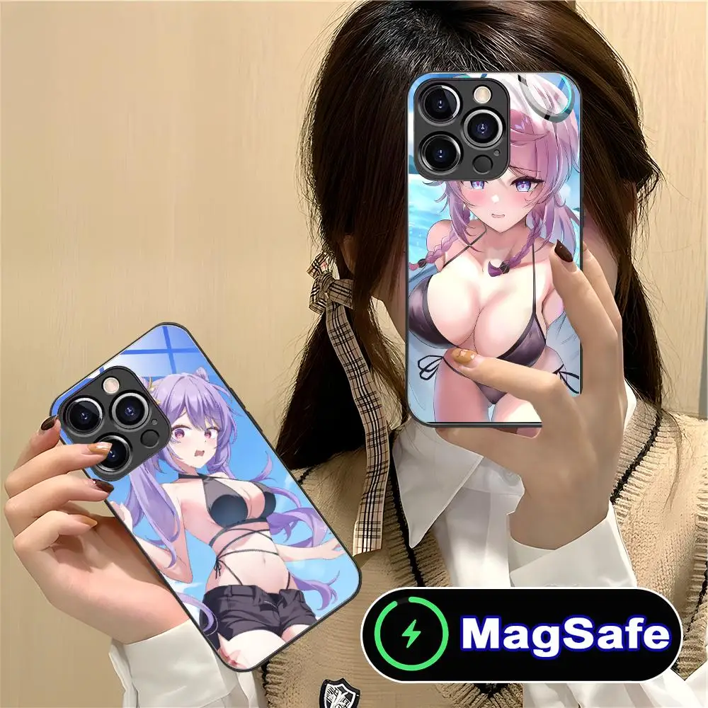 حافظة هاتف محمول Genshin Impact Ecchi لهاتف iPhone 16 15 14 13 12 11 Pro Max Plus Mini MagSafe غطاء حماية بلون زجاجي