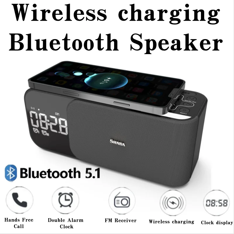 

Bluetooth Speaker with Alarm Clock FM Radio Home Theater Portable Phone Charging Sound Column Music Box LED Light High Volume