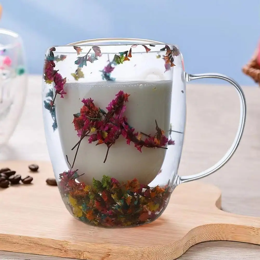 Stylish Transparent Tea Cup Elegant Dried Flower Double Wall Glass Coffee Mug Set Insulated Cups for Hot Beverages for Women