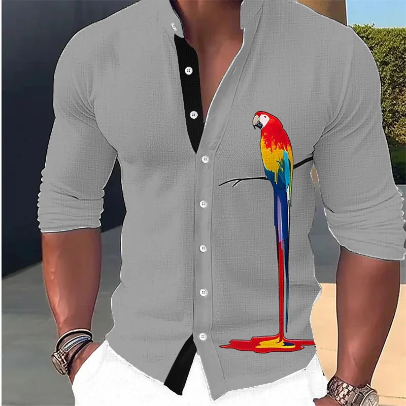 Fashion New Men\'s Shirt Parrot 3D Print Stand Collar Long Sleeve Shirt Street Casual Tops Designer Casual Wear 16 Colors 6XL