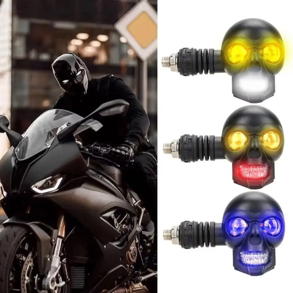 2Pcs Universal Fit Motorcycle Turn Signal Lights Dual Color Light DC 12V Motorcycle Indicator Lamp Skull Shape Waterproof